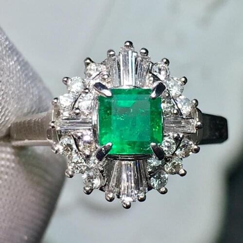 Fine Jewelry Real Pt900 Platinum Green Emerald Gemstone 0.46ct Gold Diamonds Female Ring for Women Rings