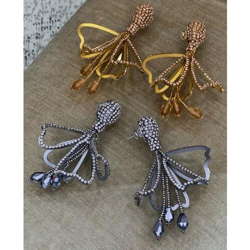 Brass With 18K Gold AAA Zircon Rhinestone Statement Earrings Women Wedding Jewlery Punk Runway T Show Rare Japan South Korean