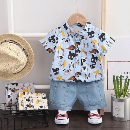 Baby boy clothes baby summer short-sleeved shirt suit boy cartoon print casual cotton shirt denim shorts baby boy two-piece suit