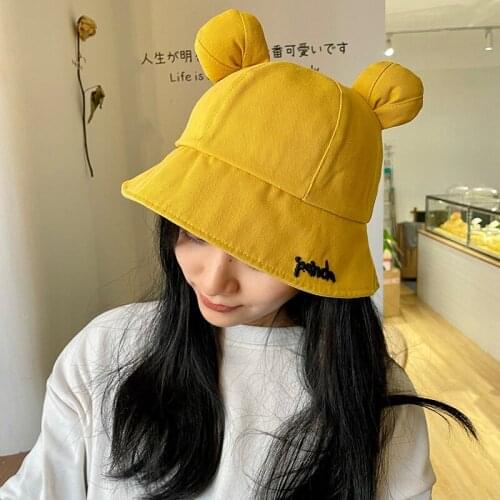 Womens Cartoon Bear Ears Bucket Hats Spring Summer Fashion Cute Girls Panama Caps Sun Fishing Black Pink Cotton Fisherman Hat