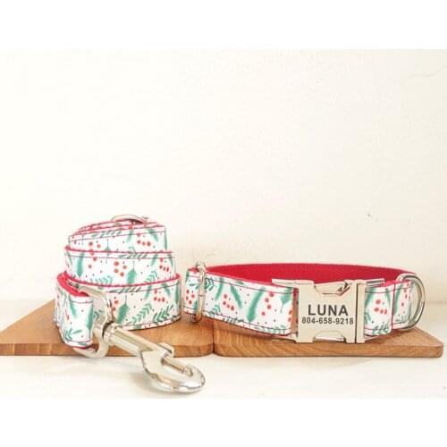 Personalized Christmas Pet Collar Customized Puppy Nameplate ID Tag Adjustable Buckle Mistletoe Leaf Basic Dog Collars Leash Set