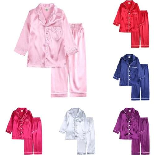2021 Summer Kids Clothes Baby Ice Silk Pajama Sets for Boys Girls Solid Color Outfits Set Blouse Tops+Pants Sleepwear Pajamas
