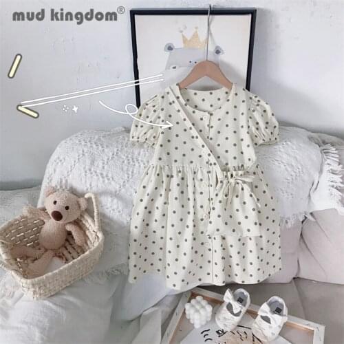 Mudkingdom Girls Dot Dress Casual Puff Sleeve Button Crew Neck Messenger Bag Princess Dresses for Toddler Fashion Cute Clothes