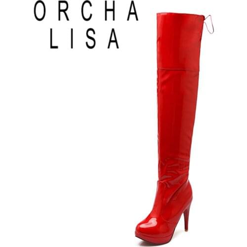 ORCHA LISA 2021 Sexy Over The Knee Boots Patent Leather Velvet Round Toe Lace Up Zip Platform 11cm Thin Heel US12 White A4348