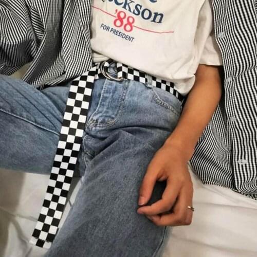 Fashion Street Style Women Punk Long Belt D Ring Plaid Checkered Belts Jeans Black Canvas Strap