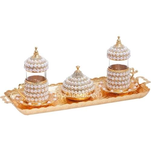 TURKISH COFFEE SET ELEVEN-PIECE RECTANGULAR TRAY WITH TWO PERSON STONE HYDRAULIC PEARL PATTERN FREE SHİPPİNG
