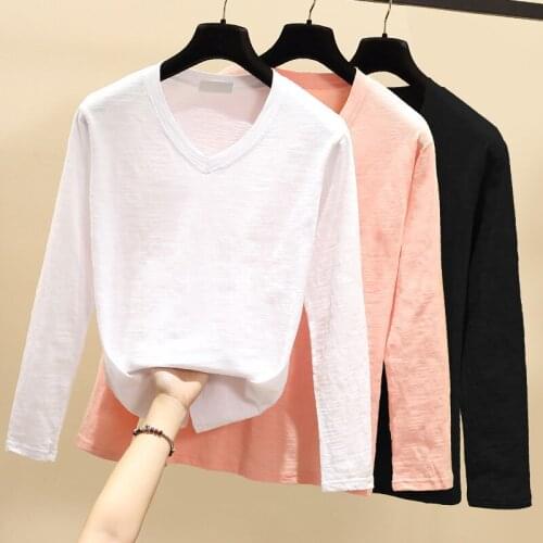 Spring Autumn Women Cotton T Shirt Long Sleeve White Tee Shirt Femme Female Slim Sexy V Neck Tops Fashion Clothes Plus Size 3XL