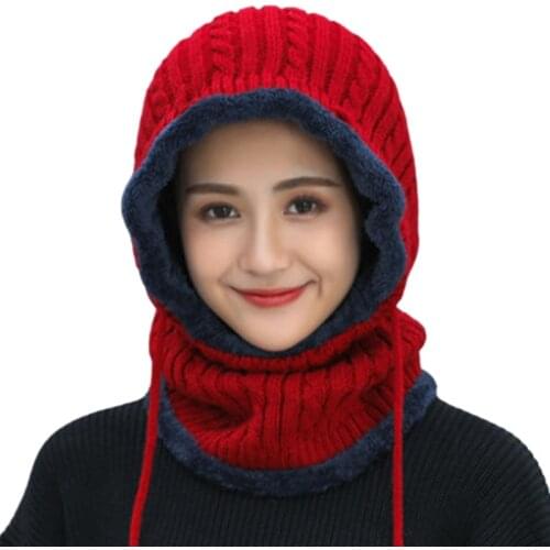 Women Winter Warm Knitted Balaclava Hat Plush Lined Ski Earflap Hood Cap Scarf