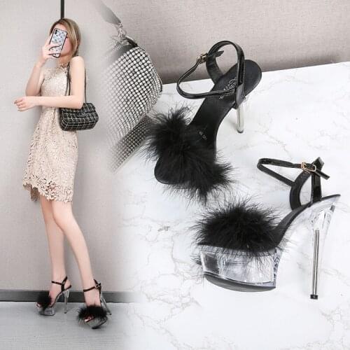 2021 Summer Fur Bride Sandals For Women Platform Shoes New Transparent High Heels 13/15 CM Female Fashion Pumps Plus Size 34-43