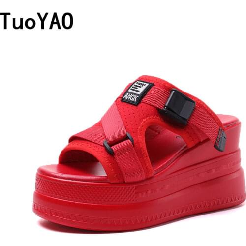 Women Summer Chunky Slipper 2021 High Heel Sandals Flip Flops Thick-Bottom Canvas Slippers Wedges Platform Beach Slides Zapatos