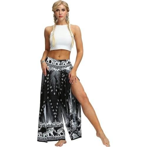 Womens Palazzo Casual Yoga Pants,Slit Wide Leg Pants Casual Beach Boho Vintage Hippie Bohemian Pilate