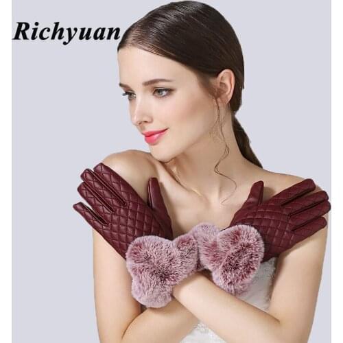Women thickening Winter Gloves Fashion Warm Thicken Elegant PU Leather High quality Faux Fur Wrist Warm Womens Leather Gloves