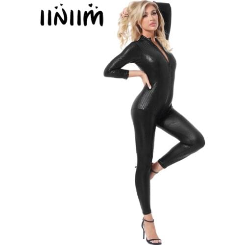 Womens Patent Leather Plaid Bodysuit Club Show Costume High Neck Long Sleeve Zipper Catsuit Skinny Jumpsuit Female Rave Clubwear