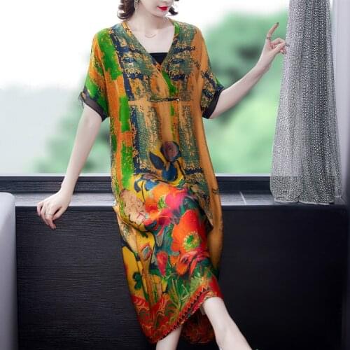 Summer Boho Vintage 4XL Plus Size Casual Sundress 2021 Floral Mulberry Silk Beach Midi Dress Women Elegant Bodycon Party Vestido