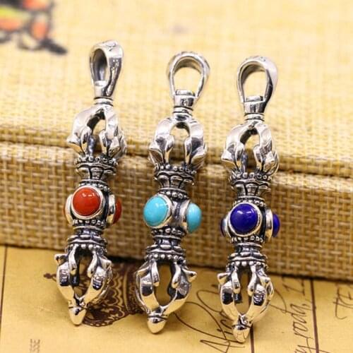 100% 925 Sterling Silver Pendant Antique Process Men with Turquoise lapis lazuli vajra multiplier Thai silver Jewelry Pendant