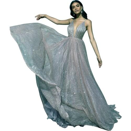 2020 Simple Sexy A-LINE Deep V-NECK Spaghetti Straps Backless Glittering Long Sweep Train Evening Dresses