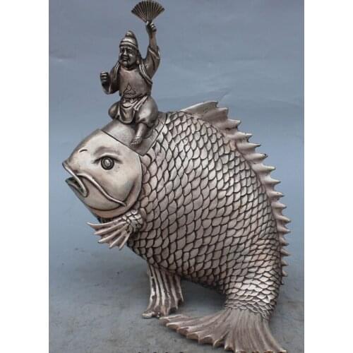 Decoration bronze factory outlets Tibet Silver 11" China Silver Sculpture Old Man ZhongKui Ride Fish Statue Incense Burner