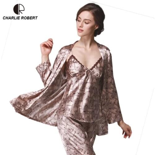 CR 2019 New Brand Womens Spring & Autumn Silk Satin 3 piece Pajamas Suits Plus Size Sleepwear Sexy Lace Lady Sleep Clothing