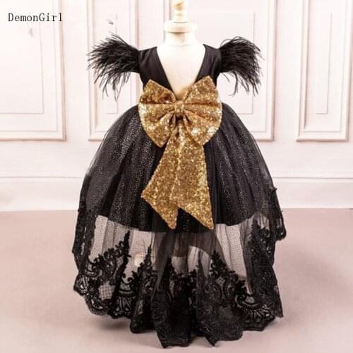 Black Glitter Tulle Feather Kids Birthday Party Dresses Gold Sequin Bow Knot Pagnant Gowns V Back Girl Dresses