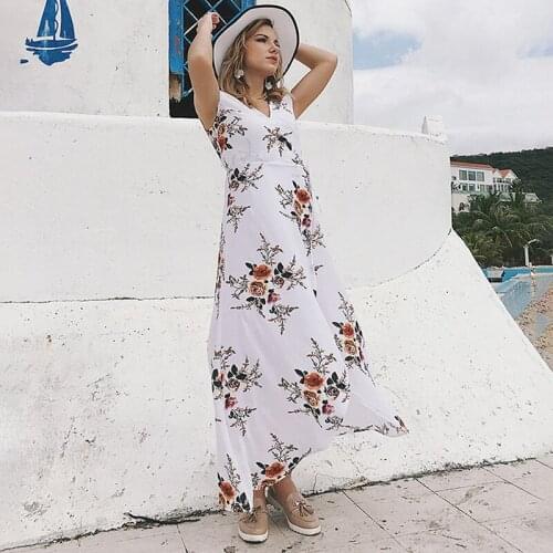 Summer Beach Maxi Dress Women Floral Print Boho Long Chiffon Dress Ruffles Wrap Casual V-Neck Split Sexy Party Dress Robe Femme