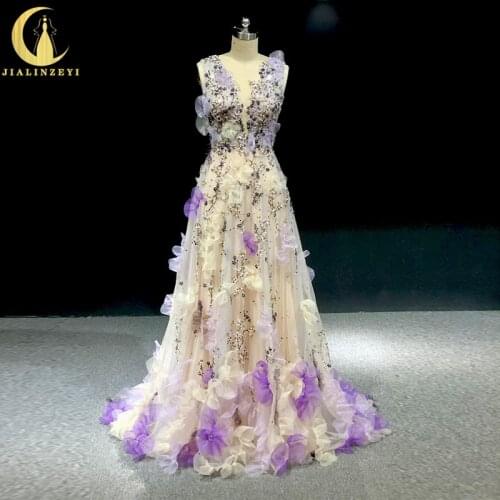 Rhine real Pictures Purple Flowers V Neck Marchesa Lovely Beads Crystals A-line Evening dresses