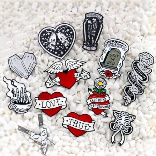 Rose ribbon Skeleton Hand bone Double knife Sun flower heart Red Heart Medal Wings Rose Coffin Tombstone Gothic brooch badge