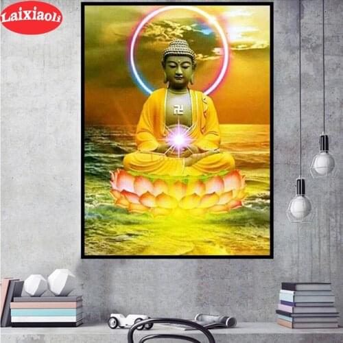 New 5D Diamond Painting Embroidery Religious Lotus gold Buddha Icon Full Square round DIY Diamond Mosaic Rhinestone Art Pictures