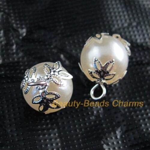 New 20Pcs Silver Plated Flower Bead End Caps White Acrylic Beads Charms Pendants