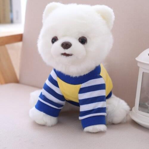 Adorable Dog Plush Toy Pure White Blue Stripe T-shirt Dressed Pomeranian Doggy Stuffed Animal Pets Toy 25cm Little Kids Gift