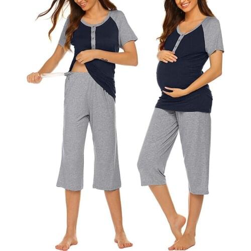 Labor/Delivery/Nursing Maternity Pajamas Capri Set Baseball Shirt Adjustable Size Short Sleeve Loungewear