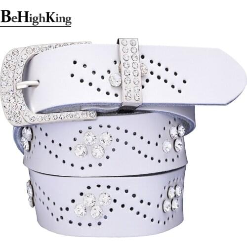 Fashion hollow belts for women Quality Cow skin genuine leather female belt designer rhinestone waist strap Width 3.3 cm White