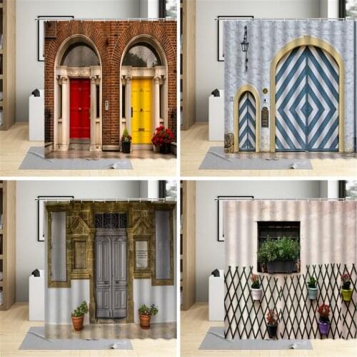 Retro Old Wooden Door Shower Curtain Street Window Stone Wall Plant Flower Pattern Bathroom Decor Polyester Cloth Curtains Sets
