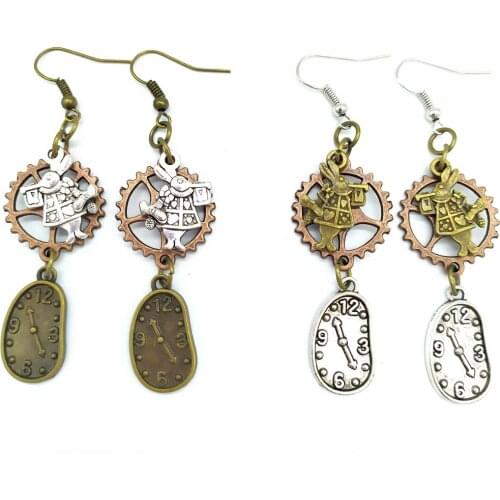 Horned Rabbits with Unshaped Clock Drops Vintage Steampunk Gears Earrings