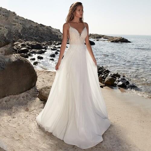 Elegant A-Line Chiffon Sweep Train White Wedding Dress 2021 Sexy Deep V-Neck Spaghetti Straps Bridal Gowns Robe De Mariée