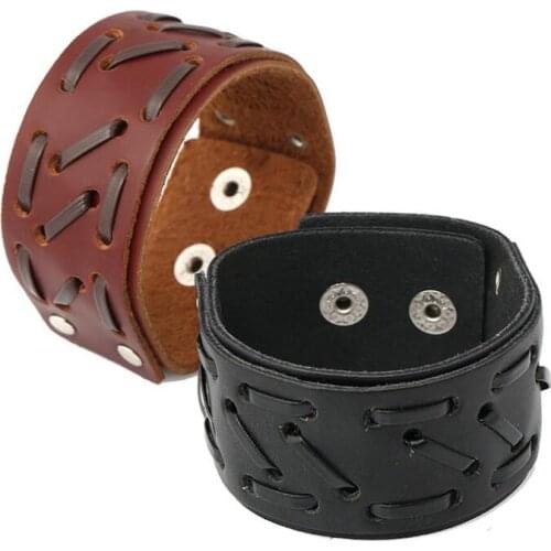 Vintage Retro Wide Leather Bracelet Cuff Fashion Punk Black Brown Handmade Charms Wristbands Bangle for Women Men Biker Jewelry