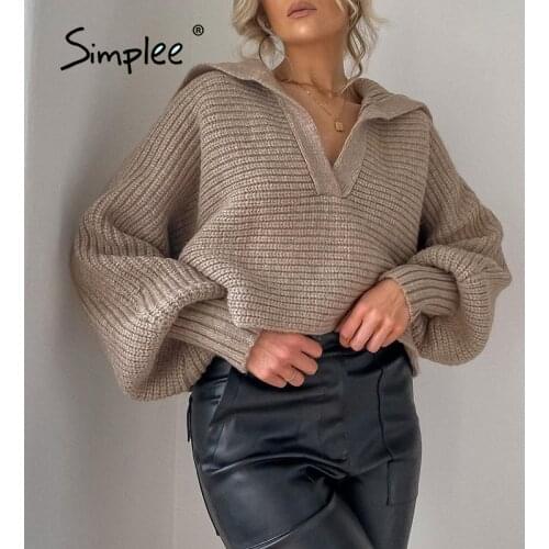 Simplee Casual v-neck bishop long sleeve autumn sweater women Loose female short pullover winter High street fashion jumper tops