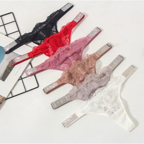 Ladies Sexy Letter Printed Rhinestone Panties Women Lace Thongs T Back Underwear for Female Soft Low Rise Underpants Lingerie