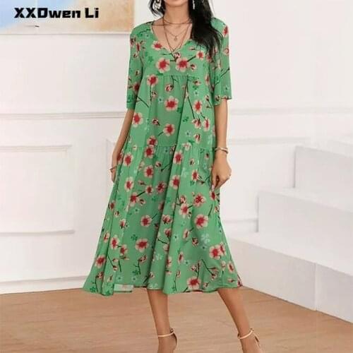 Summer Casual Printed Splicing Midi Dress For Women 2021 Fashion Loose Half Sleeve V Neck Long Dress Blue Plus Size Robe Femme