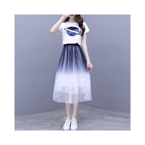 Womens gradient mesh dress girl summer 2019 new student fairy popular skirt set two-piece A346