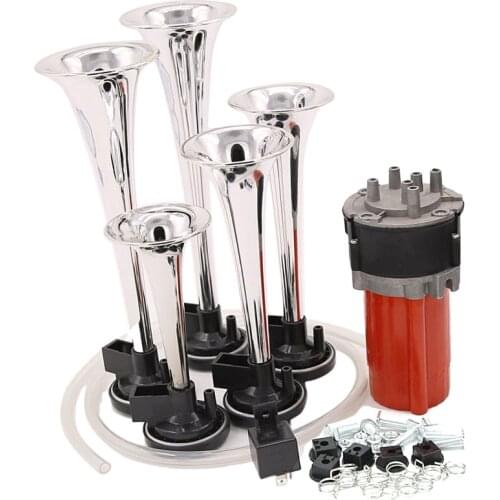 12V DC 5/Five Trumpet Air Horn Compressor Kit Powerful Loud 130db for Car Van Truck Boat Train - Chrome