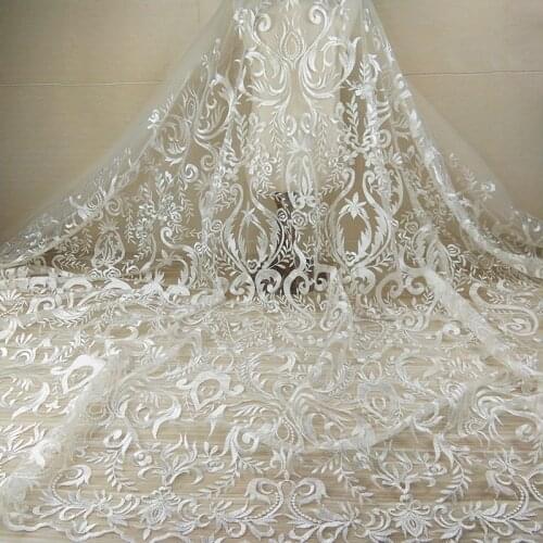 3Yards / Lot Luxury French Mesh Lace Fabric 130cm White Exquisite Lace Embroidery Clothes Wedding Dress Fabric