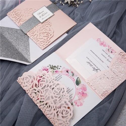 50 pieces/lot) Laser Cut Rose Wedding Invitations Tri-Fold Silver Glittery Customize Birthday Greeting Card RSVP Cards IC132