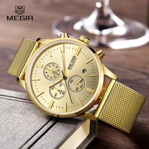 MEGIR fashion mens business quartz watches casual stainless steel mesh band wristwatch man luminous dress watch for male 2011G
