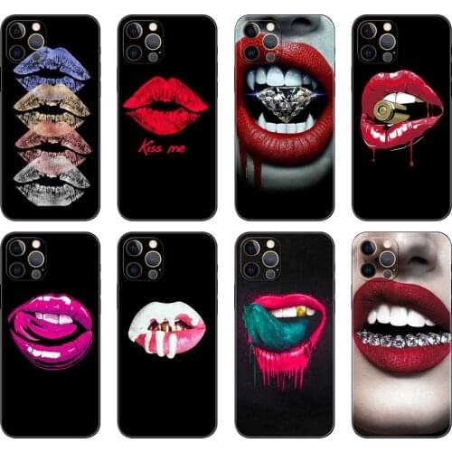 Black tpu case for iphone 5 5s se 6 6s 7 8 plus x 10 XR XS 11 12 mini pro MAX back cover Sexy vampire red lips Funny Halloween