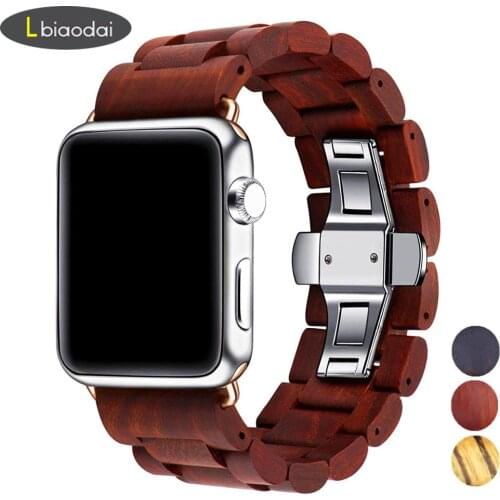 Wooden strap for Apple watch band 44 mm 40mm iWatch band 42mm 38mm Metal Butterfly clasp bracelet Apple watch 5 4 3 2 1 series
