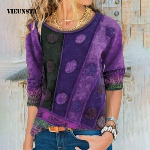 VIEUNSTA New Dots Printed T-shirt Tops Women Spring Casual Loose O-neck Tops Ladies Fashion Elegant Long-sleeve Streetwear Tops