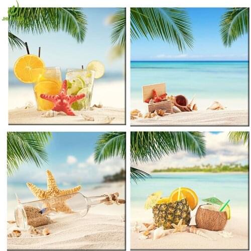 JHLJIAJUN 4 Piece Modern Juice Beach Canvas Decoration Home Modular Picture Art Decorative Nordic Poster Home Decor Painting