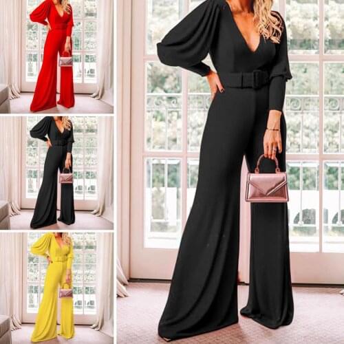 Women Solid Color Deep V Neck High Waist Jumpsuit Casual Pants Clubwear Outfit