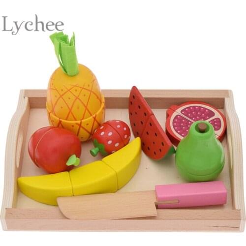 Lychee Life Wooden Cutting Fruit Magnetic Miniatures Colorful Banana Apple Pineapple Decoration Dollhouse Supplies Gifts For Kid