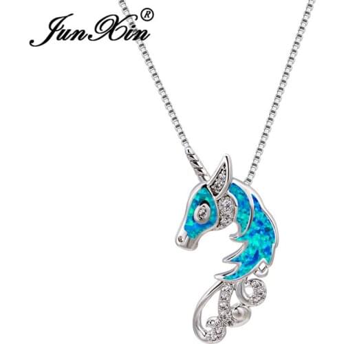 Cute Animal Horse Pendant Blue White Fire Opal Necklaces For Women Silver Color Rainbow Birthstone Wedding Necklace Jewelry